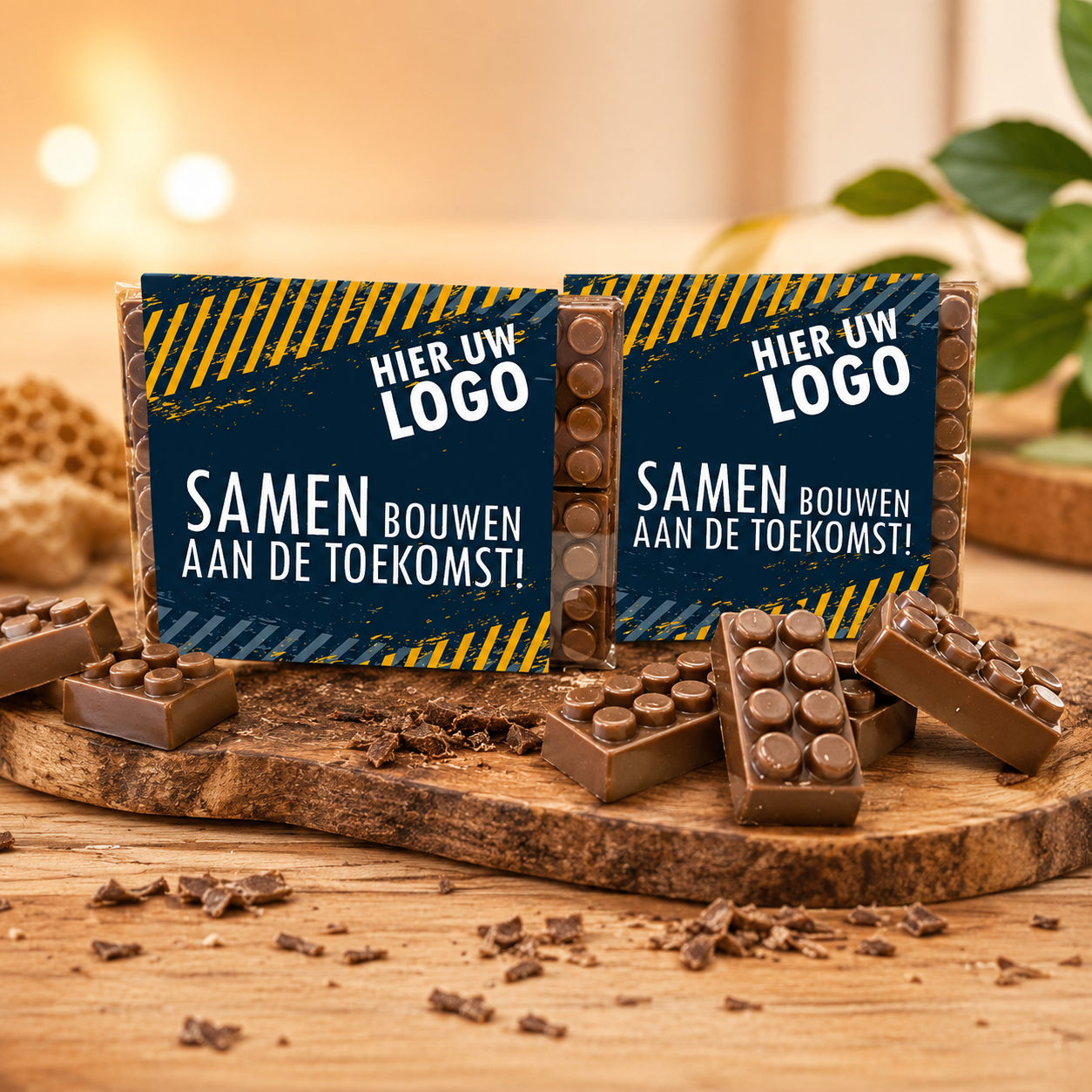 Doosje met 10 chocolade bouwblokjes inclusief banderol
